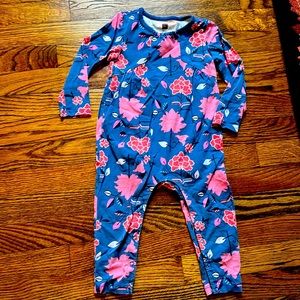 Tea collection long sleeve blue pink floral romper 18-24